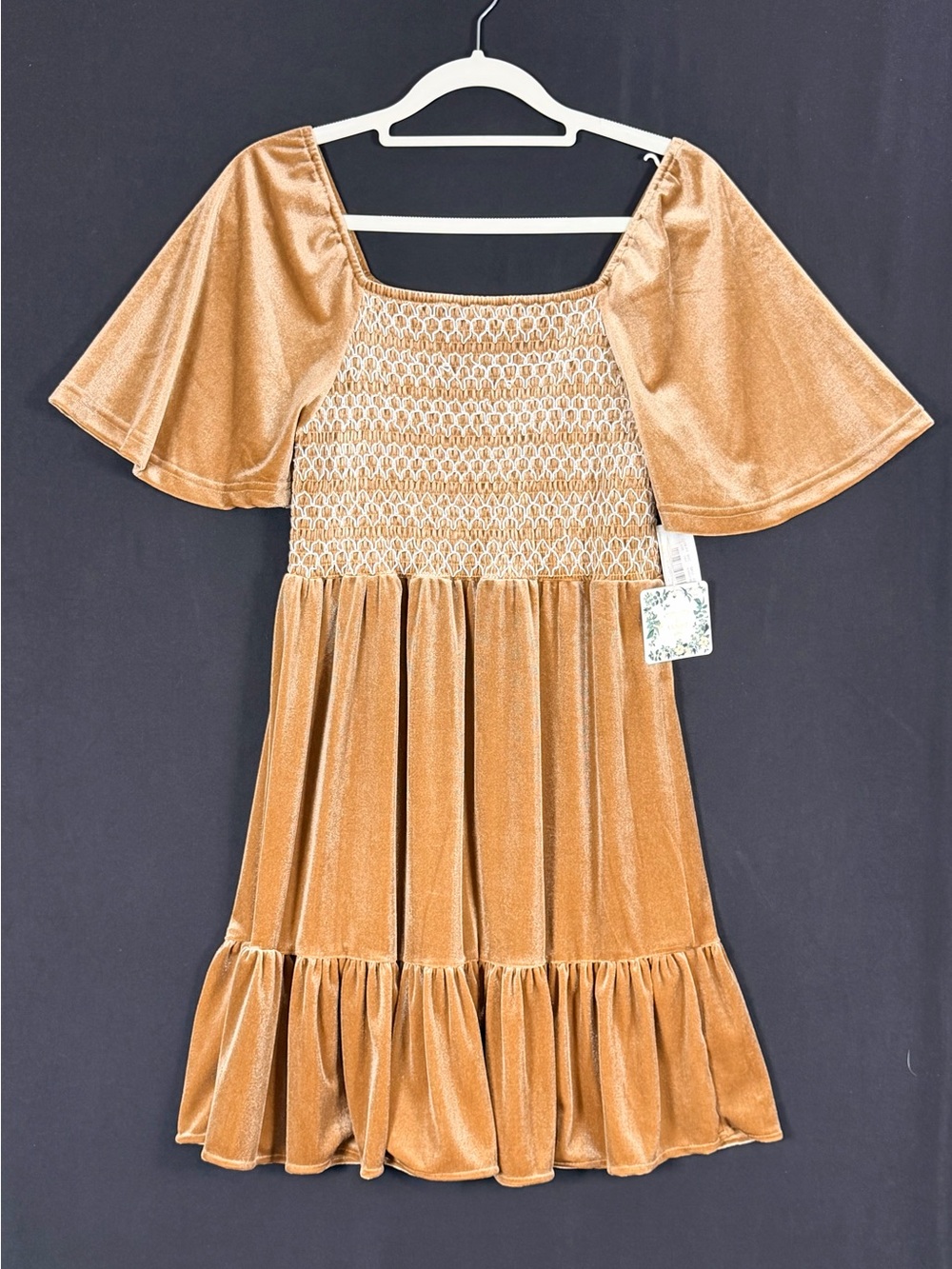 Chelsea & Violet Camel Velvet Smocked Tiered Dress flutter sleeve Holiday Fall